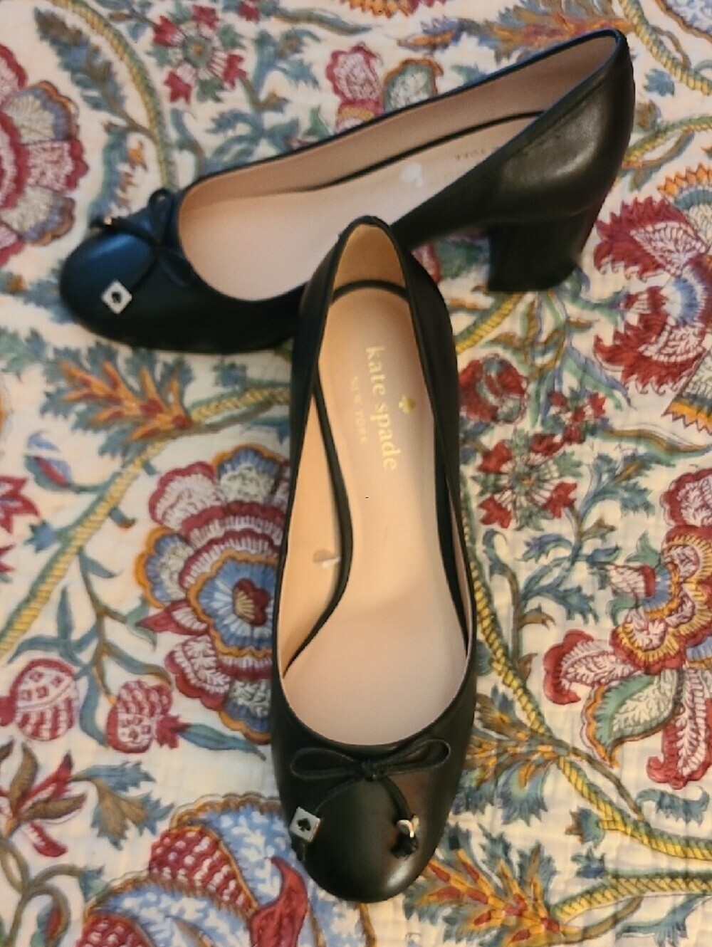 kate spade Black Leather Bow Ballet Pumps with Gold Charm Accents